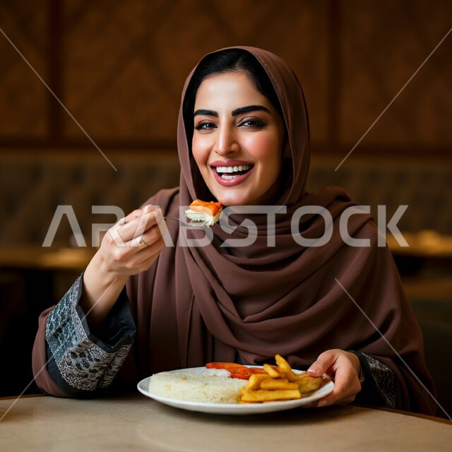قضاء أوقات ممتعة في المطعم, مطاعم و كافيهات المملكة العربية السعودية, امرأة عربية خليجية سعودية مبتسمة محجبة ترتدي العباءة السوداء تجلس على المائدة و تقوم بتناول الطعام, الاستمتاع بالغداء في الخارج