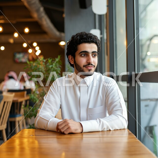 أنشطة ترفيهية مسلية في الخارج, قضاء أوقات ممتعة في المطعم, مطاعم و كافيهات المملكة العربية السعودية, شاب عربي خليجي سعودي مبتسم يرتدي الثوب التقليدي يجلس على الطاولة و ينظر من خلال الواجهة الزجاجية
