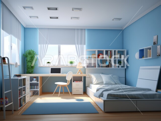Elegant interior home furniture and accessories, interior design of homes and houses in blue, bedroom with modern contemporary designs, luxury residential apartments and villas, hotels and resorts with elegant decor in the Kingdom of Saudi Arabia, windows and glass facades