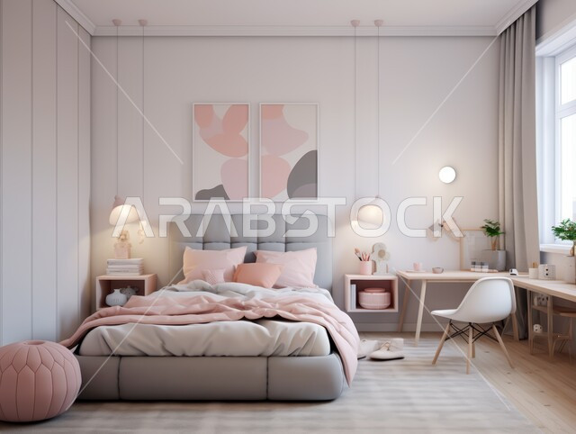 فنادق ومنتجعات بديكورات راقية في المملكة العربية السعودية, أثاث واكسسوارات منزلية داخلية أنيقة، شقق وفلل سكنية فاخرة, التصميم الداخلي للمنازل والبيوت باللون الوردي و الرمادي، غرفة نوم بتصاميم عصرية حديثة, النوافذ والواجهات الزجاجية