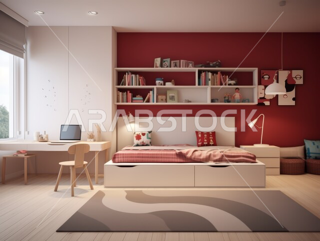 Interior design of homes and houses in red and white, bedroom with modern contemporary designs, hotels and resorts with elegant decor in the Kingdom of Saudi Arabia, elegant interior home furniture and accessories, luxury residential apartments and villas, facades and glass windows