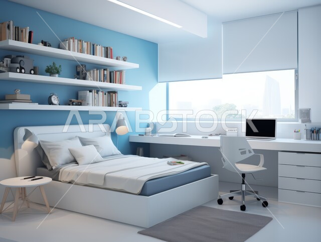 Interior design of homes and houses in white and blue, elegant interior furniture and accessories, bedroom with modern contemporary designs, luxury residential apartments and villas, hotels and resorts with elegant decor in the Kingdom of Saudi Arabia, windows and glass facades