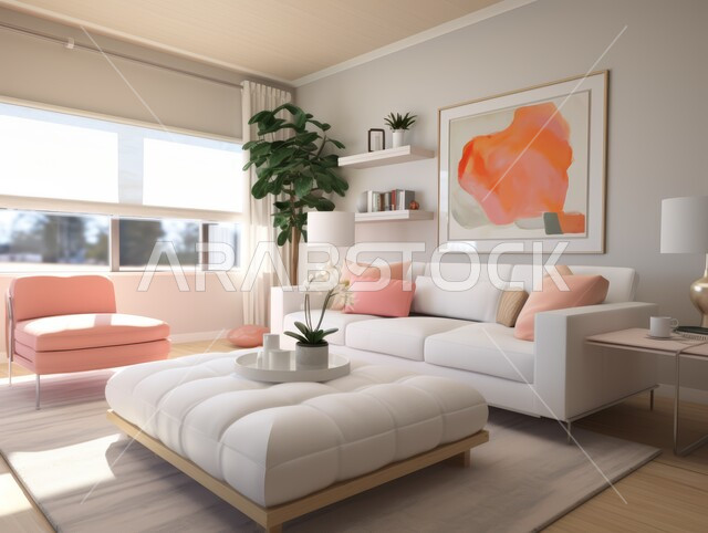 غرف معيشه بتصاميم عصرية حديثه, التحف والديكورات الداخليه الأنيقة، أثاث منزلي راقي ومريح باللون الابيض والوردي, شقق وفلل سكنية في المملكة العربية السعودية، غرفة جلوس فاخرة، النوافذ والواجهات الزجاجية