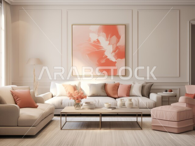 غرف معيشه بتصاميم عصرية حديثه, التحف والديكورات الداخليه الأنيقة، أثاث منزلي راقي ومريح باللون الوردي, شقق وفلل سكنية في المملكة العربية السعودية، غرفة جلوس فاخرة