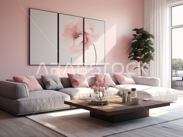 غرف معيشه بتصاميم عصرية حديثه, التحف والديكورات الداخليه الأنيقة، أثاث منزلي راقي ومريح باللون الرمادي والوردي, شقق وفلل سكنية في المملكة العربية السعودية، غرفة جلوس فاخرة، النوافذ والواجهات الزجاجية