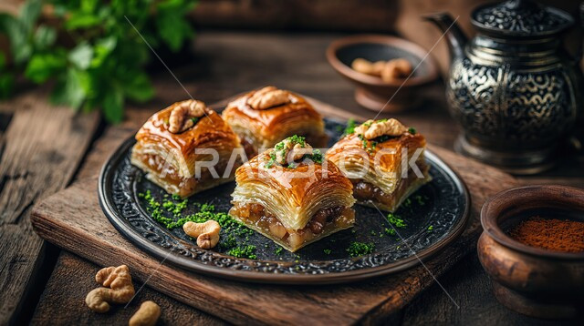 حلى سعودي بالفستق والمكسرات، أطباق من الحلويات العربية الشرقية، مأكولات غنية بالسكريات والسعرات الحرارية، قطع البقلاوة الشهية، كرم الضيافة في المملكة العربية السعودية, منتجات محلية وطنية