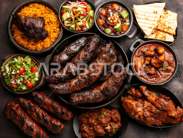 مائدة طعام مليئة بالوجبات المتنوعة الرمضانية، العزائم والولائم في الأعياد والمناسبات، أصناف الأطباق والمقبلات العربية الشرقية اللذيذة، أجواء شهر رمضان المبارك، سفرة من المأكولات الشعبية التقليدية الشهية، المطاعم والمطابخ في المملكة العربية السعودية