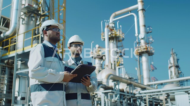 وظائف ومهن هندسية شبابية، متابعة ومراقبة عمليات الانتاج وسير عمل الآلات، العمل في مصانع ومعامل المملكة العربية السعودية، صورة مقربة لمهندسيين صناعيين عربيين خليجيين سعوديين يرتديان السترة وخوذة الحماية يحملان بيديهما الجهاز اللوحي