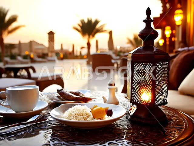 The atmosphere and decorations of the holy month of Ramadan, delicious appetizers, dishes and oriental Arabic dishes, a dining table full of various Ramadan meals with a lit metal lantern in a luxurious restaurant, a buffet of delicious traditional popular foods