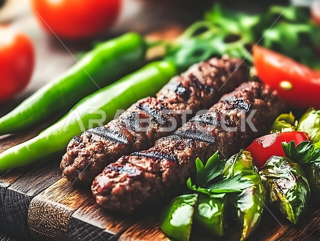 أغذية وأطعمة صحية، مطاعم للمأكولات العربية الشرقية، صورة مقربة لقطع الكباب المشوي مع الخضار الطازجة على لوح خشبي، وجبات اللحم الضأن الشهية الساخنة, وصفات الدجاج المشوية واللحوم بنكهات سعودية متنوعة