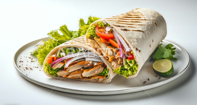 Presentation arts in restaurants and kitchens of Saudi Arabia, oriental Arabic cuisine, close-up of shawarma sandwich on a white plate with fresh vegetables and garlic sauce, delicious fast food meals, distinctive recipes and foods, white background