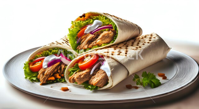 Presentation arts in restaurants and kitchens of Saudi Arabia, oriental Arabic cuisine, close-up of shawarma sandwich on a white plate with fresh vegetables and garlic sauce, delicious fast food meals, distinctive recipes and foods, white background