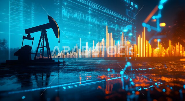 تنمية الاقتصاد السعودي, جودة أدوات و معدات استخراج البترول, بيع و تصدير الثروات الباطنية, آلات التنقيب عن النفط والغاز, شاشة الكترونية برموز و رسومات احصائية, ارتفاع أسهم البورصة في السوق المالية