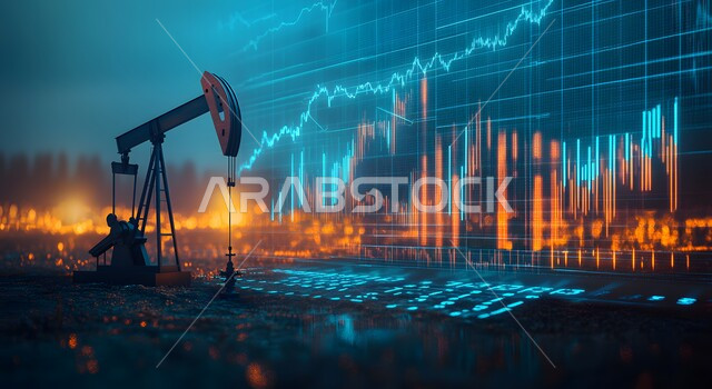 بيع و تصدير الثروات الباطنية, آلات التنقيب عن النفط والغاز, شاشة الكترونية برموز و رسومات احصائية, ارتفاع أسهم البورصة في السوق المالية, تنمية الاقتصاد السعودي, جودة أدوات و معدات استخراج البترول