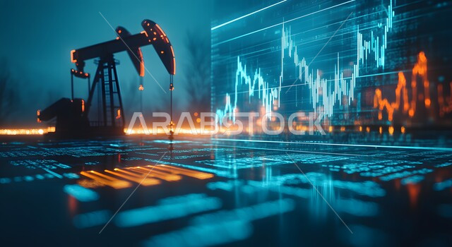 جودة أدوات و معدات استخراج البترول, بيع و تصدير الثروات الباطنية, آلات التنقيب عن النفط والغاز, شاشة الكترونية برموز و رسومات احصائية, ارتفاع أسهم البورصة في السوق المالية, تنمية الاقتصاد السعودي