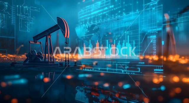 تنمية الاقتصاد السعودي, جودة أدوات و معدات استخراج البترول, بيع و تصدير الثروات الباطنية, آلات التنقيب عن النفط والغاز, شاشة الكترونية برموز و رسومات احصائية, ارتفاع أسهم البورصة في السوق المالية