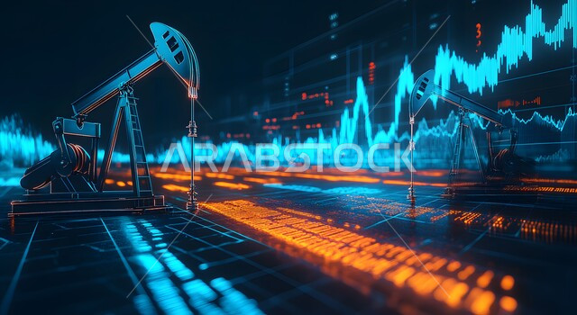 بيع و تصدير الثروات الباطنية, آلات التنقيب عن النفط والغاز, شاشة الكترونية برموز و رسومات احصائية, ارتفاع أسهم البورصة في السوق المالية, تنمية الاقتصاد السعودي, جودة أدوات و معدات استخراج البترول