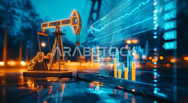Sale and export of underground resources, oil and gas exploration machines, electronic screen with symbols and statistical graphics, rise in stock market shares in the financial market, development of the Saudi economy, quality of oil extraction tools and equipment