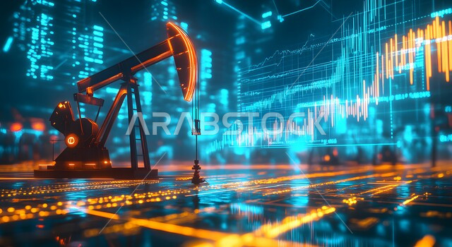 تنمية الاقتصاد السعودي, جودة أدوات و معدات استخراج البترول, بيع و تصدير الثروات الباطنية, آلات التنقيب عن النفط والغاز, شاشة الكترونية برموز و رسومات احصائية, ارتفاع أسهم البورصة في السوق المالية