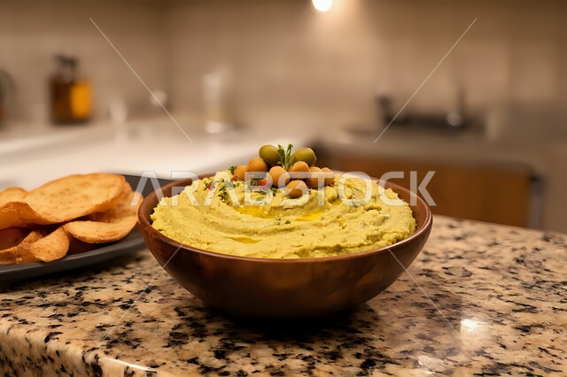 المقبلات النباتية الباردة اللذيذة، صورة مقربة لطبق من الحمص الكريمي اللذيذ المزين بزيت الزيتون والفلفل الحلو والحمص ، مأكولات وأطباق شعبية تقليدية، وصفات طعام شرقية عربية سعودية، فطور عربي تقليدي