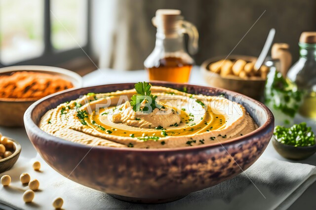 المقبلات النباتية الباردة اللذيذة، صورة مقربة لطبق من الحمص الكريمي اللذيذ المزين بزيت الزيتون والفلفل الحلو والحمص ، مأكولات وأطباق شعبية تقليدية، وصفات طعام شرقية عربية سعودية، فطور عربي تقليدي