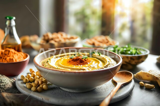 المقبلات النباتية الباردة اللذيذة، صورة مقربة لطبق من الحمص الكريمي اللذيذ المزين بزيت الزيتون والفلفل الحلو والحمص ، مأكولات وأطباق شعبية تقليدية، وصفات طعام شرقية عربية سعودية، فطور عربي تقليدي