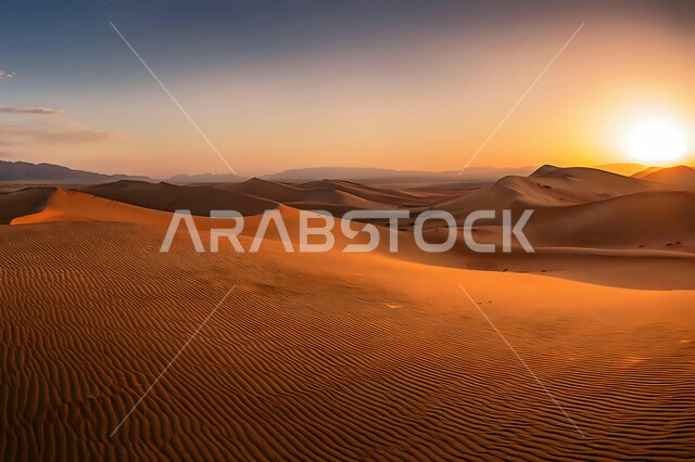 Soft golden dunes and sands in the desert of Saudi Arabia, sand dunes and hills in the desert environment at sunset, mountain formations and formations in the wilderness, nature background