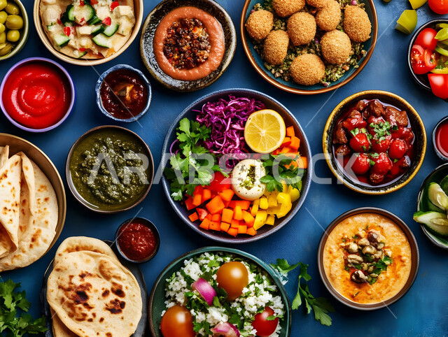 أجواء شهر رمضان المبارك، أصناف الأطباق والمقبلات العربية الشرقية اللذيذة، سفرة من المأكولات الشعبية التقليدية الشهية، المطاعم والمطابخ في المملكة العربية السعودية، طاولة طعام مليئة بالوجبات المتنوعة الرمضانية