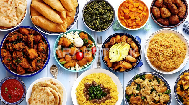 أجواء شهر رمضان المبارك، أصناف الأطباق والمقبلات العربية الشرقية اللذيذة، سفرة من المأكولات الشعبية التقليدية الشهية، المطاعم والمطابخ في المملكة العربية السعودية، طاولة طعام مليئة بالوجبات المتنوعة الرمضانية