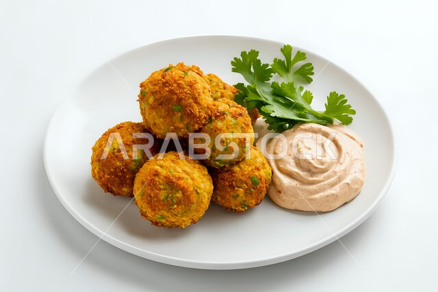 المأكولات العربية الشرقية، طبق من اقراص الفلافل المقرمشة مع البقدونس والصوص اللذيذ، وجبات الطعام الشعبية الشهية، المطاعم التقليدية في المملكة العربية السعودية، أطعمة غنية بالحبوب والبروتينات، خلفية بيضاء