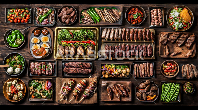 سفرة مليئة بأنواع اللحوم المشوية، مائدة مزينة بمجموعة من الكباب المشوي اللذيذ، المطاعم في المملكة العربية السعودية، مأكولات وأطباق عربية تقليدية, وجبات غذائية غنية بالبروتين, وصفات الطعام الصحية الشهية, فنون تقديم الأطعمة الشرقية اللذيذة