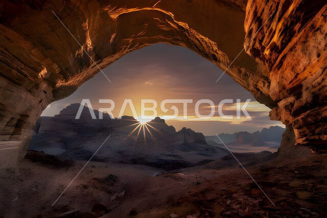 منظر غروب الشمس على التشكلات و التضاريس الرملية في المناطق الصحراوية , الطبيعة الصخرية في الصحراء, الرمال الكثيفة الذهبية الناعمة في المملكة العربية السعودية, البيئة الجافة في صحاري الخليج العربي