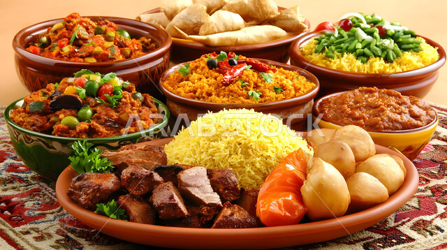 المطاعم والمطابخ في المملكة العربية السعودية، سفرة من المأكولات الشعبية التقليدية الشهية، أجواء شهر رمضان المبارك، أصناف الأطباق والمقبلات العربية الشرقية اللذيذة، مائدة طعام مليئة بالوجبات المتنوعة الرمضانية