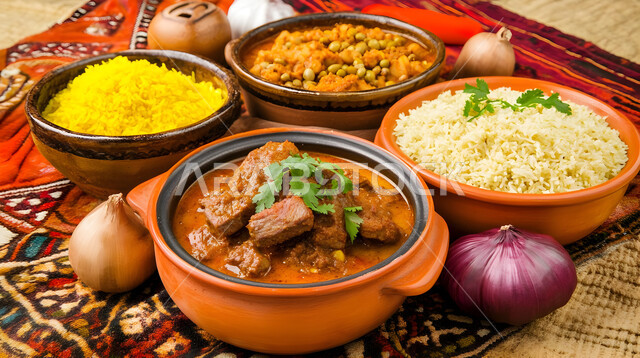 المطاعم والمطابخ في المملكة العربية السعودية، سفرة من المأكولات الشعبية التقليدية الشهية، أجواء شهر رمضان المبارك، أصناف الأطباق والمقبلات العربية الشرقية اللذيذة، مائدة طعام مليئة بالوجبات المتنوعة الرمضانية