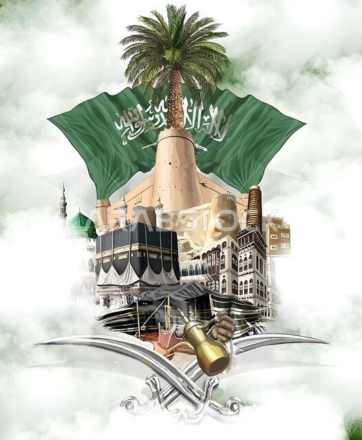 رسم ثلاثي الابعاد لعلم المملكة مع معالم السعودية المشهورة, اليوم الوطني السعودي23 سبتمبر, الاحتفال بالأعياد و المناسبات الوطنية, يوم العلم 11 مارس, الاعتزاز و الفخر بالهوية السعودية, مفهوم حب الوطن و الانتماء اليه, خلفية ملونة