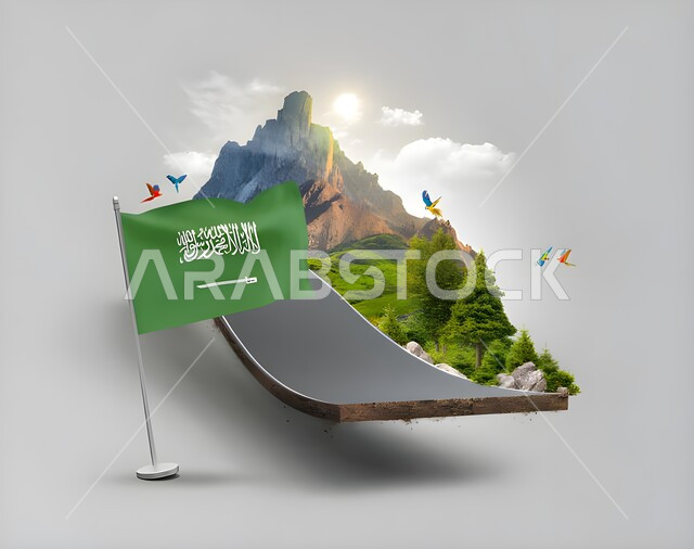علم و خريطة المملكة العربية السعودية, اليوم الوطني السعودي23 سبتمبر, الاحتفال بالأعياد و المناسبات الوطنية, يوم العلم 11 مارس, مفهوم السياحة و السفر, خلفية رمادية