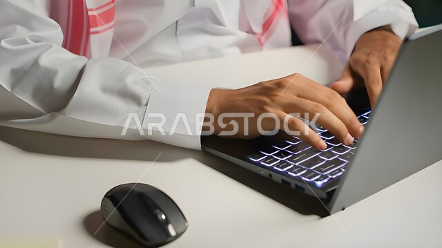 استخدام الأجهزة التقنية الحديثة في الحياة اليومية, إنجاز المهام باستعمال التتكنولوجيا المتطورة, صورة مقربة ليدين رجل عربي خليجي سعودي يرتدي الثوب التقليدي و الشماغ يكتب على جهاز الحاسوب المحمول