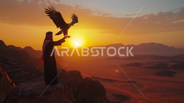 Animal of strength, challenge and sharp eyesight, Falcon Club activities in the annual hunting season in the Kingdom of Saudi Arabia, pride in the ancient Saudi heritage in raising free birds of prey, side view of a young Saudi Gulf Arab man taming a falcon in nature reserves at sunset