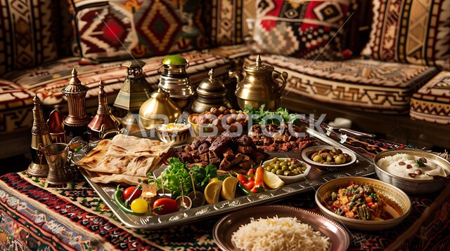 المقبلات والأطباق المعدنيه والأصناف العربية الشرقية اللذيذة، مائدة طعام مليئة بالوجبات المتنوعة الرمضانية، سفرة من المأكولات الشعبية التقليدية الشهية، أجواء شهر رمضان المبارك، العزائم والولائم في الأعياد والمناسبات الاسلامية