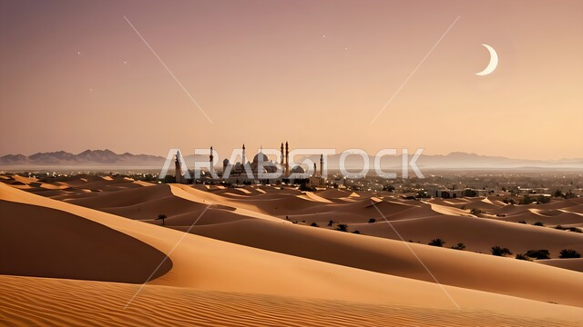 القبب و المآذن على الطراز الإسلامي العصري الحديث، الفن الهندسي المعماري لمسجد وسط التلال والكثبان الرملية، العباده والتقرب إلى الله، دعوة المسلمين إلى الصلاه وأداء الفرائض الدينية, أماكن اسلامية مقدسة، منظر الهلال فوق المناطق الصحرواية