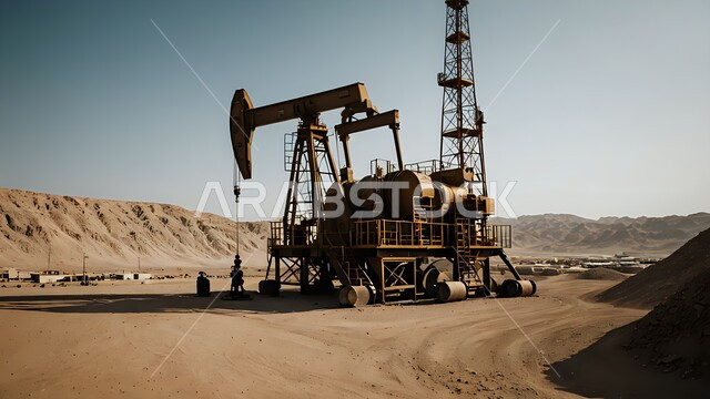 استخراج وتصدير الثروات الباطنية، حفارة تقوم بالتنقيب عن النفط وسط الكثبان الرملية في المناطق الصحراوية, آلات حفر ضخمة, جودة الأدوات والمعدات الصناعة، مراكز تخزين البترول في صحارى المملكة العربية السعودية، منصة نفط لاستنباط الزيوت