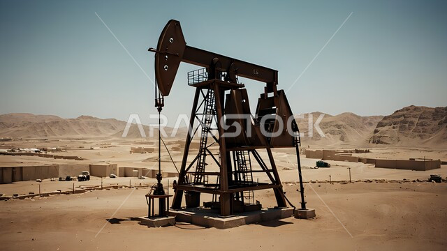 استخراج وتصدير الثروات الباطنية، حفارة تقوم بالتنقيب عن النفط وسط الكثبان الرملية في المناطق الصحراوية, آلات حفر ضخمة, جودة الأدوات والمعدات الصناعة، مراكز تخزين البترول في صحارى المملكة العربية السعودية، منصة نفط لاستنباط الزيوت