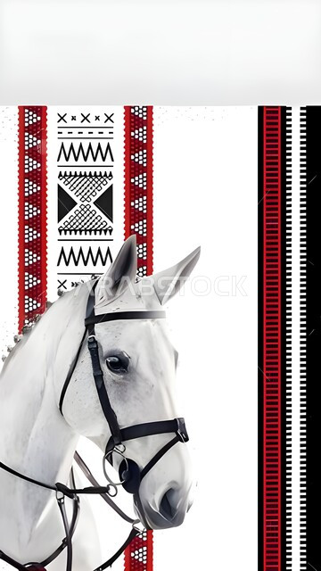Purebred white Arabian horse, symbol of authenticity and antiquity, traditional heritage art, colorful Asir cat Sadu decoration in different shapes, Saudi design for colorful authentic Arabic engravings in the Kingdom of Saudi Arabia, Gulf oriental designs