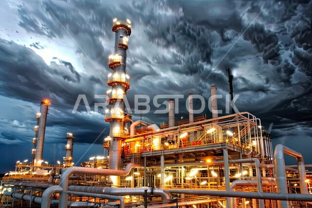 مصفاة تكريرالغاز, إضاءة الأبراج والهياكل المعدنية  ، سماء مليئه بالغيوم , مصانع ومعامل النفط في المملكة العربية السعودية, مفهوم هندسة البترول في دول الخليج, صناعات ومشاريع بتروكيماوية، مستودعات وخزانات كبيرة وضخمة