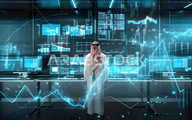 سوق البورصة العالمي، تداول العملة الرقمية، دمج التكنولوجيا المتطورة مع العمل، الرسوم البيانيه الهولوجراميه على الشاشات الالكترونيه المضيئه، صورة من الخلف لرجل أعمال عربي خليجي سعودي يرتدي الثوب التقليدي والشماغ يقوم بمراقبة ارتفاع وانخفاض الأسهم
