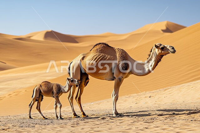Natural reserves for raising and caring for camels, hills and sand dunes, mammals, livestock and camels in the deserts of the Kingdom of Saudi Arabia, two purebred Arabian camels standing in the desert areas, the concept of authenticity and antiquity