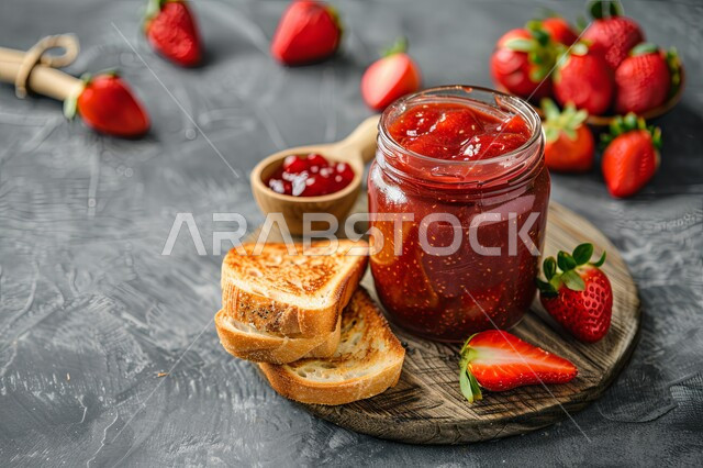 حلويات وسكريات شهية، الأساليب الفنية في تقديم الطعام ، الفراولة الطازجة والمربى محلي الصنع وشرائح الخبز. وجبات وفواكه صحية غنية بالفيتامينات، فنون التقديم في مطابخ ومطاعم المملكة العربية السعودية