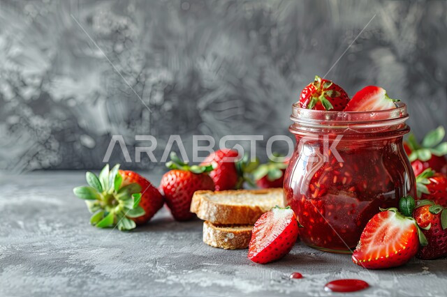 الأساليب الفنية في تقديم الطعام ، الفراولة الطازجة والمربى محلي الصنع وشرائح الخبز. حلويات وسكريات شهية، وجبات وفواكه صحية غنية بالفيتامينات، فنون التقديم في مطابخ ومطاعم المملكة العربية السعودية