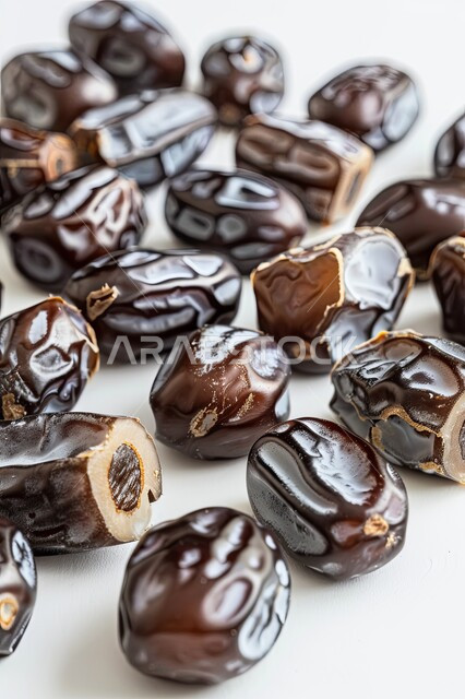 Different types of delicious healthy dates, close-up of dates, palm harvest in the Kingdom's farms, Saudi national local products, healthy meal of high importance, delicious Ramadan hospitality, white background