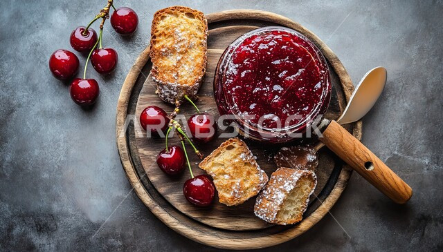 الأساليب الفنية في تقديم الطعام ، منظر علوي للوحة خشبية مع جرة مربى الكرز وشرائح من الخبز. حلويات وسكريات شهية، وجبات وفواكه صحية غنية بالفيتامينات، فنون التقديم في مطابخ ومطاعم المملكة العربية السعودية